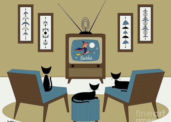Cats Greeting Card featuring the digital art Mid Century Cat Watching TV by Donna Mibus