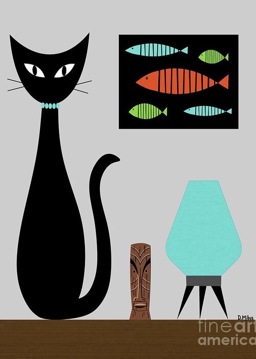 Mid Century Cat Greeting Card featuring the digital art Mid Century Cat with Fish on Gray by Donna Mibus