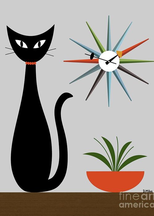 Mid Century Cat Greeting Card featuring the digital art Mid Century Cat with Starburst Clock on Gray by Donna Mibus