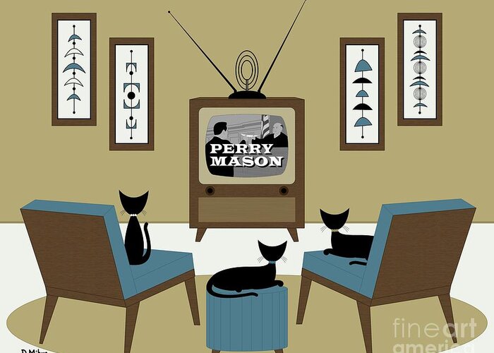 Mid Century Cat Greeting Card featuring the digital art Mid Century Cats Watch Perry Mason Beige by Donna Mibus