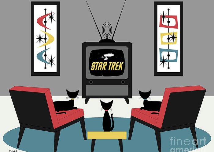 Mid Century Cats Greeting Card featuring the digital art Mid Century Cats Watch Star Trek by Donna Mibus