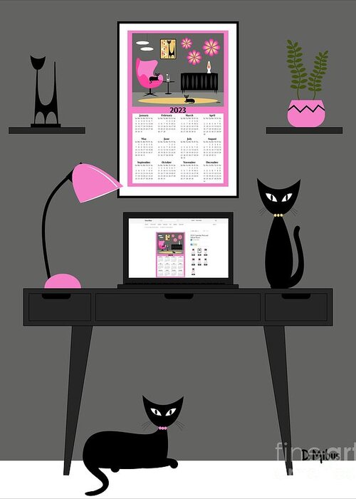 Mid Century Cat Greeting Card featuring the digital art Mid Century Desk 3 by Donna Mibus