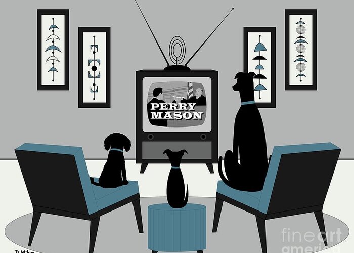 Black Dogs Greeting Card featuring the digital art Mid Century Dogs Watch Perry Mason by Donna Mibus