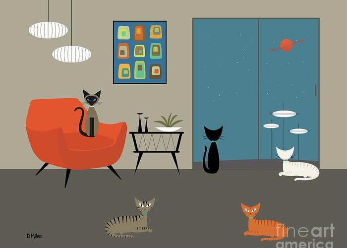  Greeting Card featuring the digital art Mid Century Modern Cats by Donna Mibus