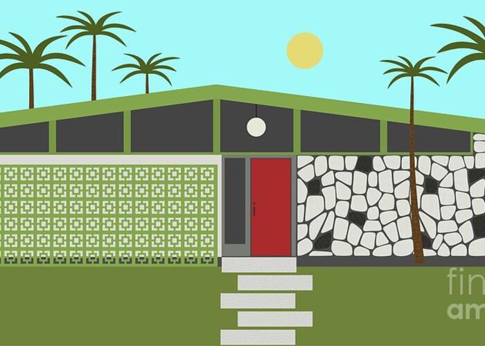 Mcm Greeting Card featuring the digital art Mid Century Modern House in Green by Donna Mibus