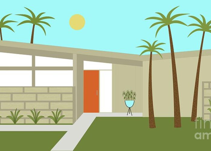 Mcm Greeting Card featuring the digital art Mid Century Modern House in Tan by Donna Mibus