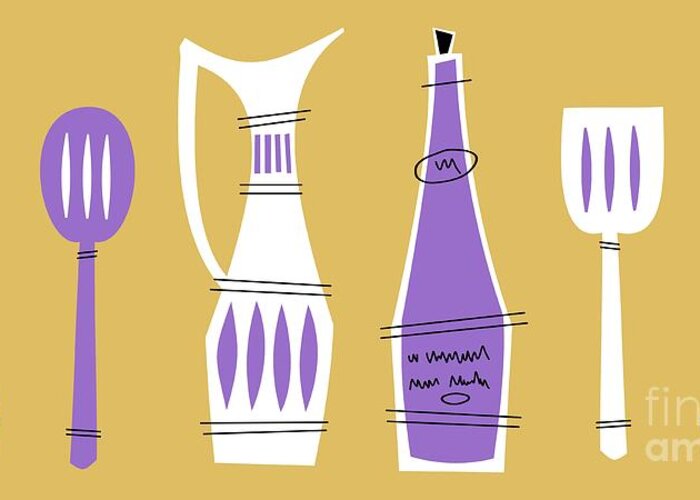 Mid Century Modern Kitchen Greeting Card featuring the digital art Mid Century Modern Kitchen Items in Purple by Donna Mibus