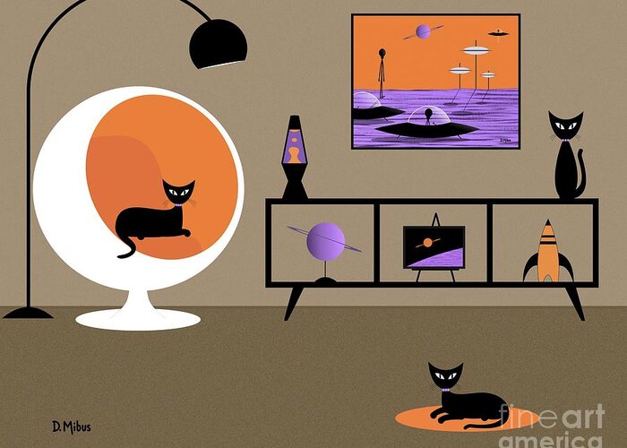 Mid Century Modern Greeting Card featuring the digital art Mid Century Outer Space Room with Black Cats by Donna Mibus