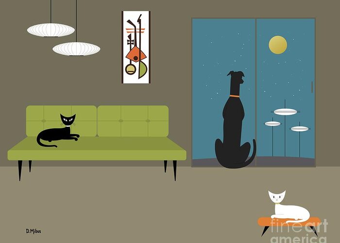 Mid Century Modern Greeting Card featuring the digital art Mid Century Room with Dog and Cats by Donna Mibus