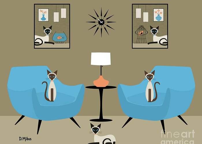 Siamese Cat Greeting Card featuring the digital art Mid Century Room with Siamese Cats by Donna Mibus