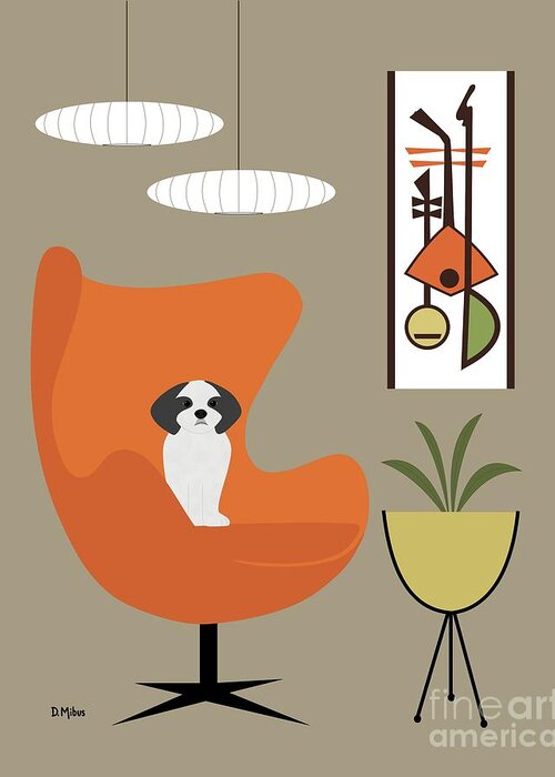Mid Century Dog Greeting Card featuring the digital art Mid Century Shih Tzu in Orange Egg Chair by Donna Mibus