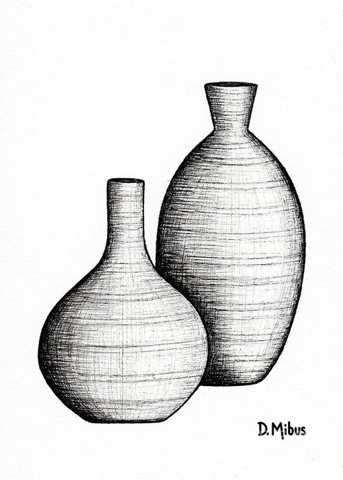 Mid Century Modern Greeting Card featuring the drawing Mid Century Vases 2 Ink Drawing by Donna Mibus