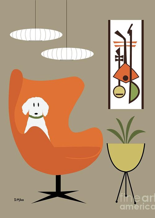 Mid Century Modern Greeting Card featuring the digital art Mid Century White Dog in Orange Egg Chair by Donna Mibus