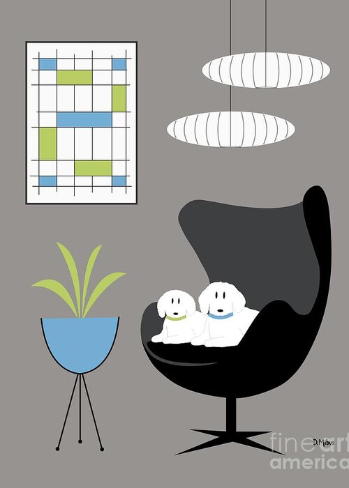 Mid Century Modern Greeting Card featuring the digital art Mid Century White Dogs in Black Egg Chair by Donna Mibus