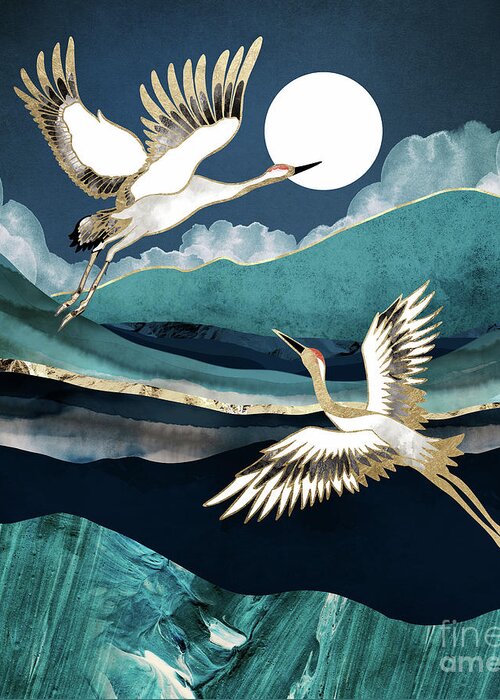 Cranes Greeting Card featuring the digital art Midnight Cranes by Spacefrog Designs