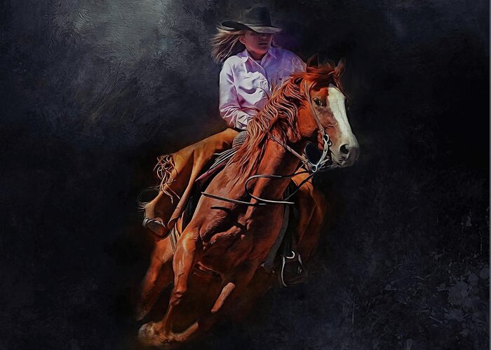 Cowgirl Greeting Card featuring the mixed media Midnight Rider by Kathy Kelly