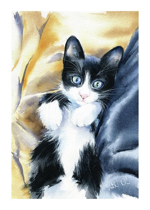 Cats Greeting Card featuring the painting Midnight Tuxedo Kitten Painting by Dora Hathazi Mendes