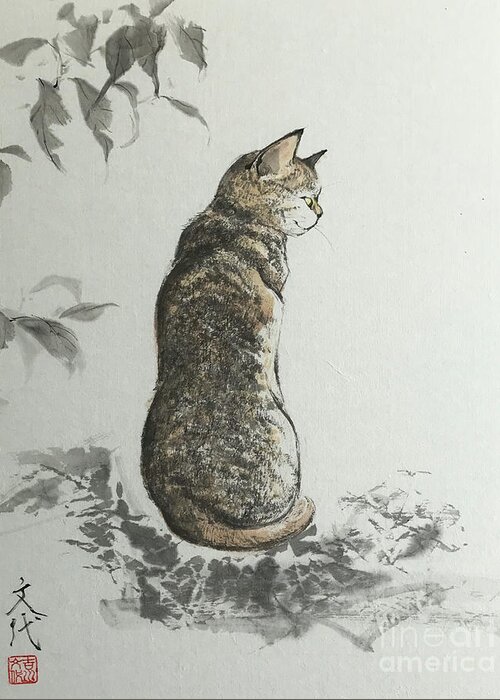 Japanese Greeting Card featuring the painting Mikaeri Cat by Fumiyo Yoshikawa