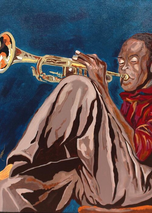  Greeting Card featuring the painting Miles Davis-Backstage by Bill Manson