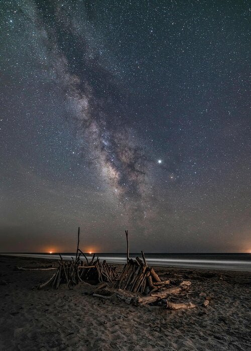 Milky Way Greeting Card featuring the photograph Milky Way and Beach Teepees by Lindsay Thomson