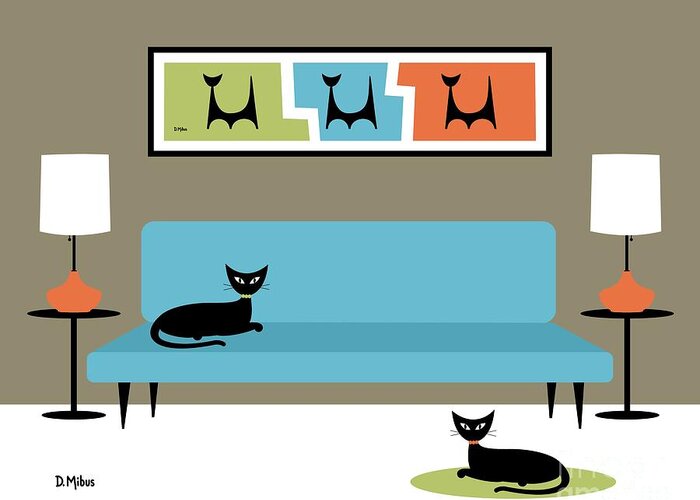 Mid Century Cat Greeting Card featuring the digital art Mini Atomic Cats with Blue Couch by Donna Mibus
