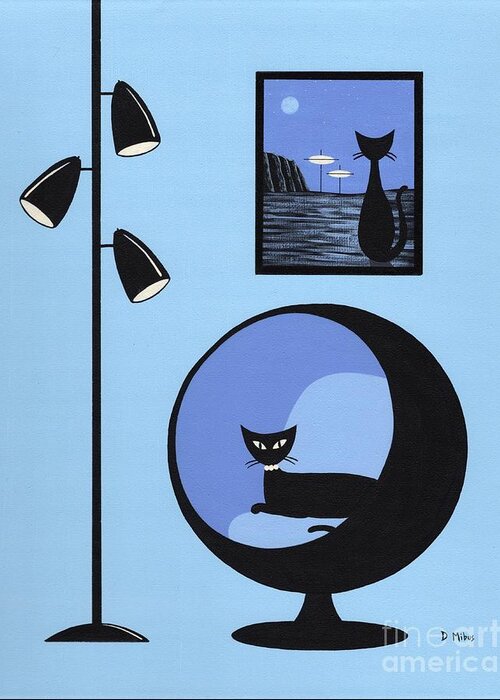 Mid Century Modern Black Cat Greeting Card featuring the mixed media Mini Space Cat Black Ball Chair by Donna Mibus