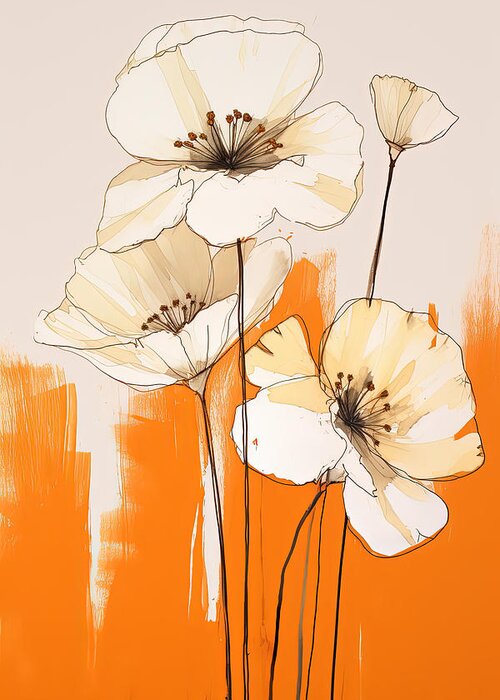 Orange And Yellow Art Greeting Card featuring the painting Minimalist Cream Flowers by Lourry Legarde