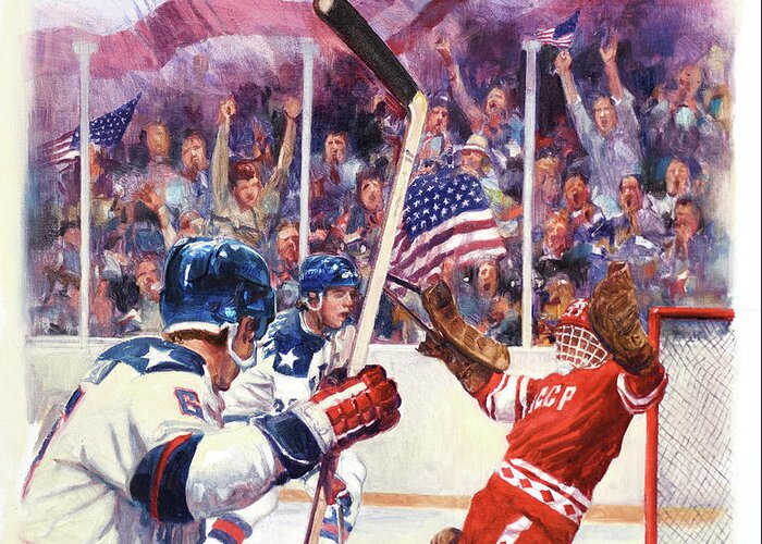 Dennis Lyall Greeting Card featuring the painting Miracle On Ice - USA Olympic Hockey Wins Over USSR by Dennis Lyall