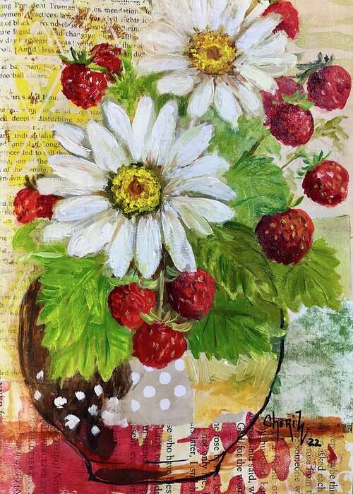 Strawberry Painting Greeting Card featuring the painting Mixed Media Daisies And Strawberries by Cheri Wollenberg