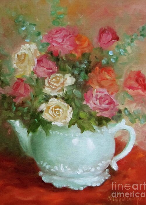 Red Roses Greeting Card featuring the painting Mixed Rose Bouquet in Turquoise Vase by Cheri Wollenberg