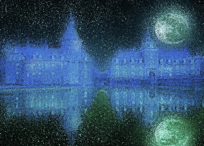 Castle Greeting Card featuring the painting Moated castle on a moonlit night by Alex Mir