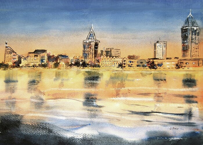 Cityscape Greeting Card featuring the painting Mobile Skyline at Sunset by Jerry Fair