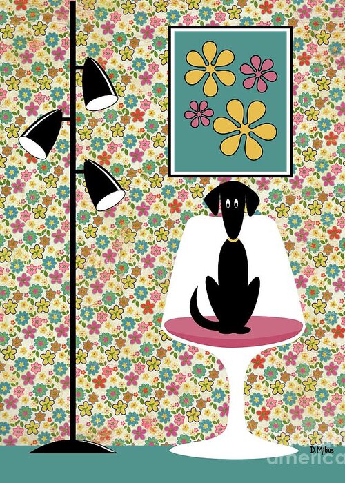 Mid Century Modern Greeting Card featuring the digital art Mod Floral Wallpaper with Dog by Donna Mibus