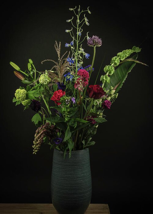 Modern Still Life Greeting Card featuring the digital art Modern still life flowers in blue vase by Marjolein Van Middelkoop