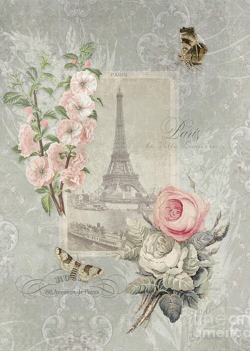 Vintage Greeting Card featuring the painting Modern Vintage Paris Script Eiffel Tower French Wallpaper Rose Garden Botanical Moth Butterfly by Audrey Jeanne Roberts