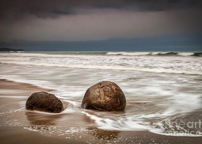 Moeraki Greeting Card featuring the photograph Moeraki Boulders and Waves by Colin and Linda McKie