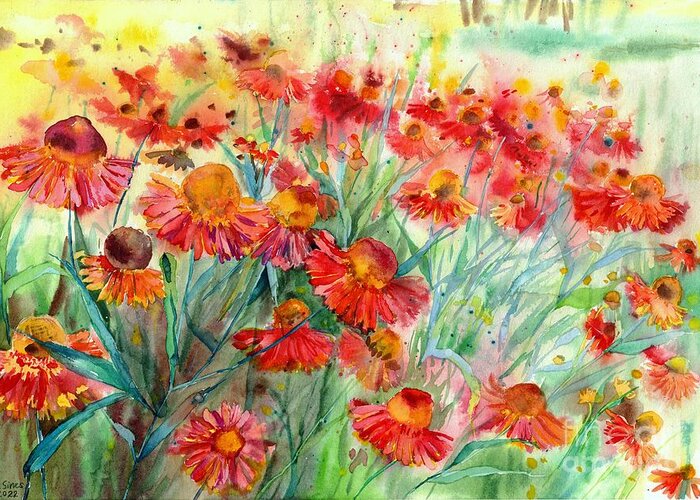 Helenium Greeting Card featuring the painting Moerheim Beauty by Suzann Sines