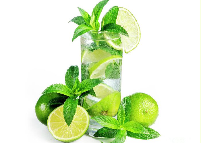 Mojito Greeting Card featuring the photograph Mojito cocktail with ice isolated over white background. by Jelena Jovanovic