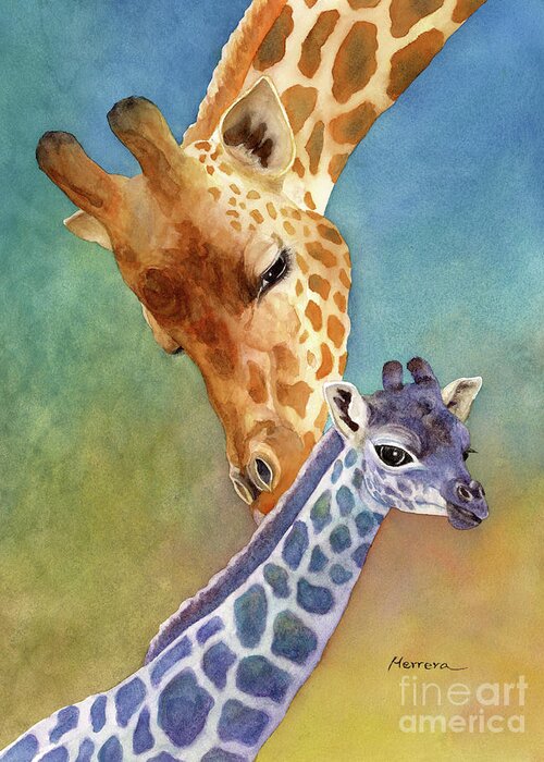 Giraffe Greeting Card featuring the painting Mom and Baby Giraffe by Hailey E Herrera