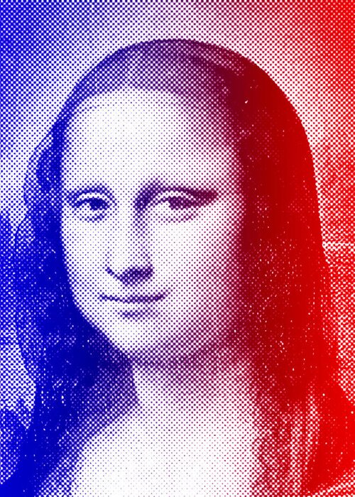 Mona Lisa Greeting Card featuring the digital art Mona Lisa - blue and red halftone pattern by Nicko Prints