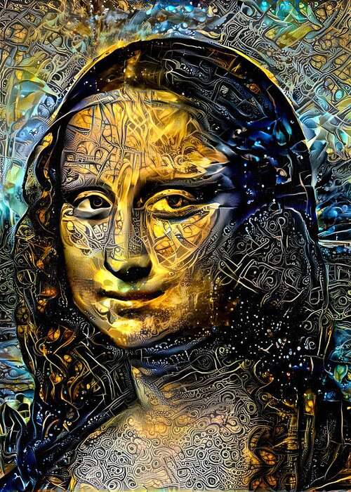 Mona Lisa Greeting Card featuring the digital art Mona Lisa by Leonardo da Vinci - golden night design by Nicko Prints
