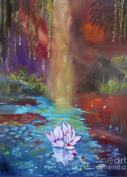 Monet Style Greeting Card featuring the painting Monet's Sunlit Pond by Jenny Lee