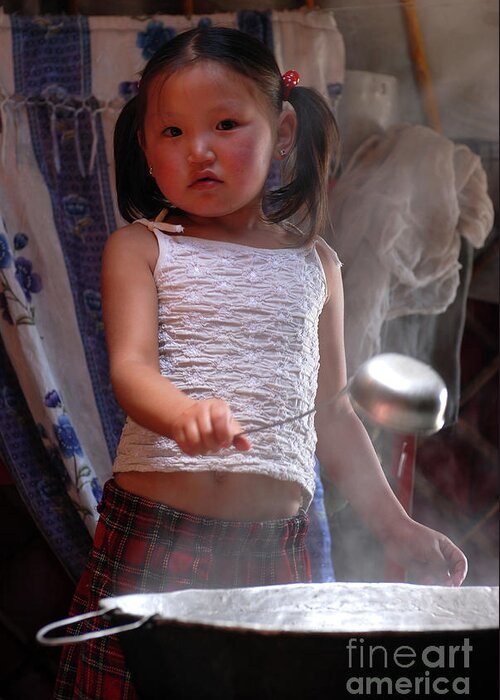 Mongol Little Girl Greeting Card featuring the photograph Mongol little girl by Elbegzaya Lkhagvasuren