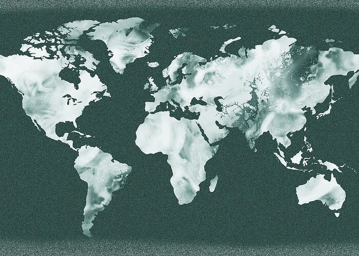World Map Greeting Card featuring the painting Monochromatic Teal Gray Watercolor World Map by Irina Sztukowski