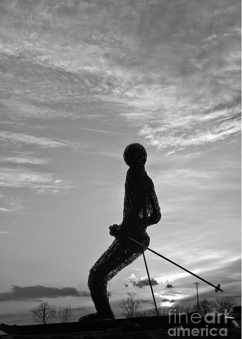 Montage Greeting Card featuring the photograph Montage Mountain Ski Statue Sunset Portrait Black And White by Adam Jewell
