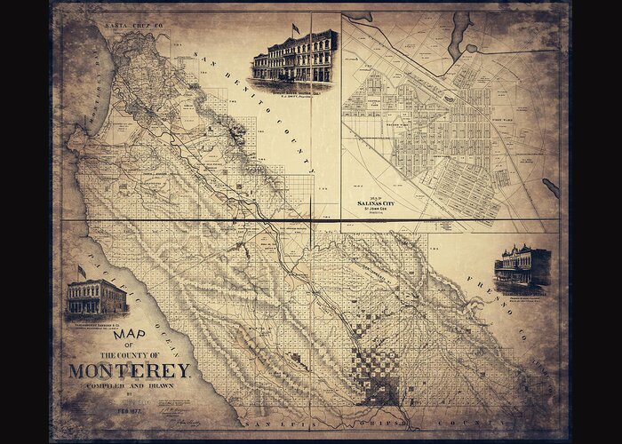 Monterey Greeting Card featuring the photograph Monterey County California Vintage Map 1877 Sepia by Carol Japp