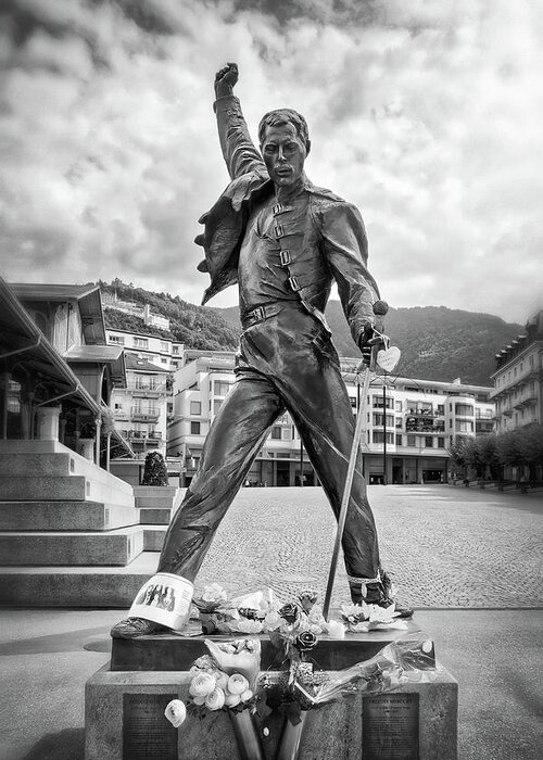 Switzerland Greeting Card featuring the photograph Montreux Switzerland Freddie Mercury Black and White by Carol Japp