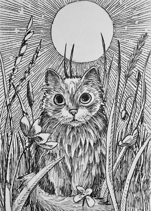 Cat Greeting Card featuring the drawing Moon cat by Don Morgan