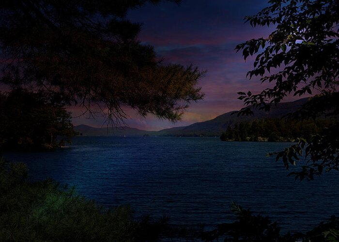 Moon Greeting Card featuring the photograph Moon Glow Over Lake by Russel Considine