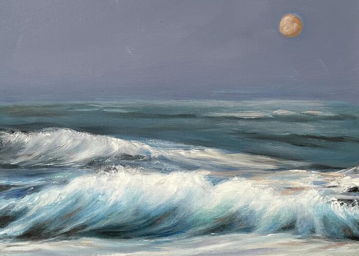Beach Greeting Card featuring the painting Moon in Orange by Rose Mary Gates